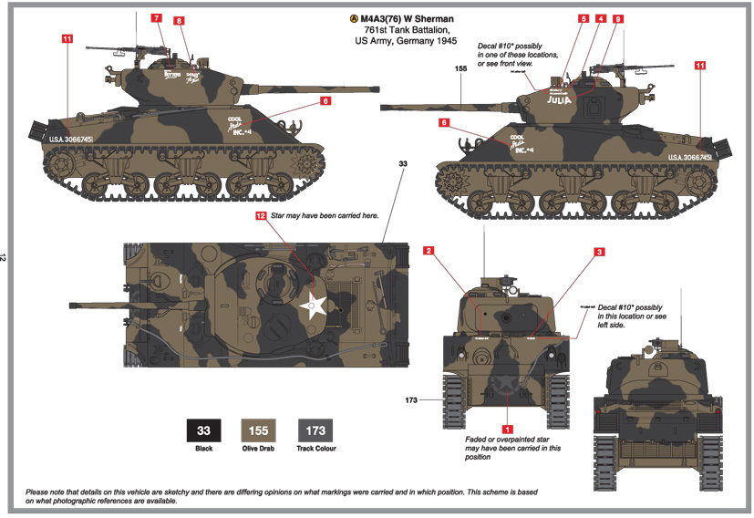 761st TANK BATTALION M4A3 SHERMAN "BLACK PANTHER" Star Decals 1/35 U.S