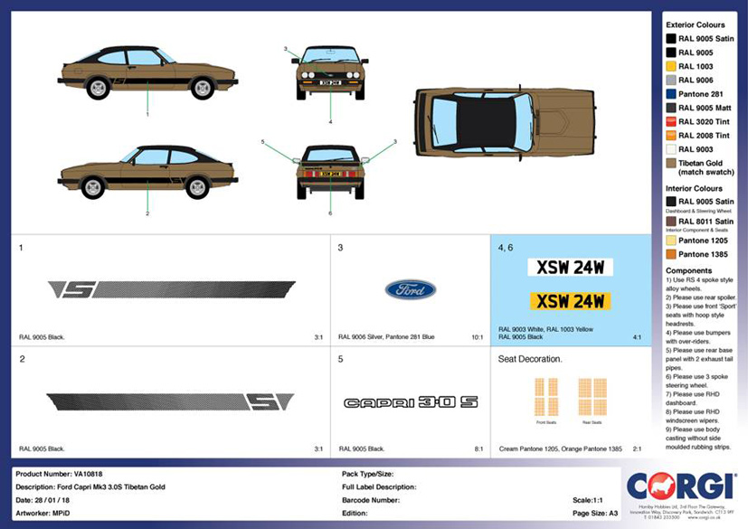 VA10818 Vanguards Ford Capri Mk.3 3.0S in Tibetan Gold on Corgi Diecast Diaries Blog