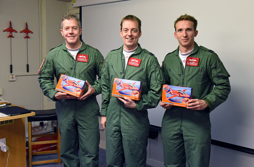 Red Arrows pilots relax with Airfix Quickbuild Hawks on Airfix and Corgi Aerodrome